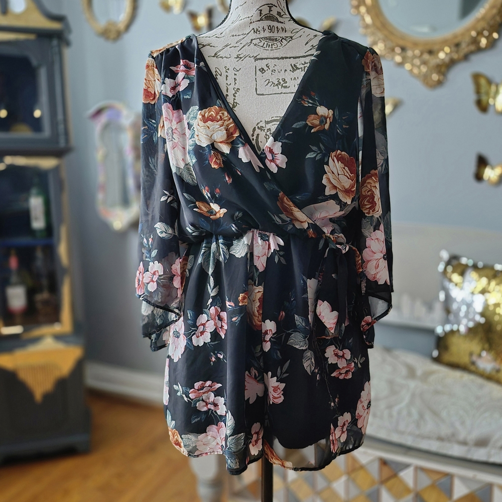 bailey blue 70s Vixen Black Floral Romper with Pink & Peach Blooms Medium